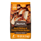 Merrick alimento seco para perro adulto sin granos con pollo real y batata, empaque destacado.