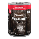Merrick Backcountry carne real en lata, sabor y proteína de calidad para perros activos.