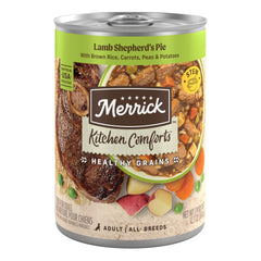 Merrick Kitchen Comforts cordero-pie en lata para perros adultos con salsa sabrosa.
