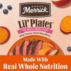 Merrick Lil’ Plates alimento seco para perros pequeños con textura atractiva.