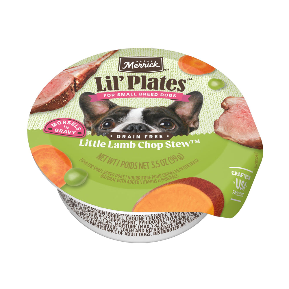 Merrick Mini Platos estofado de cordero para perros pequeños, sabor sabroso y textura suave.