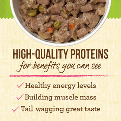 Merrick Mini Platos primer ingrediente cordero deshuesado, proteína real para músculos y energía.