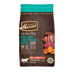 Merrick, alimento seco sin cereales con pato real y batata dulce para perros adultos.