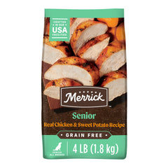 Merrick pollo deshuesado batata dulce senior, fuente de proteĂna real para perros mayores.