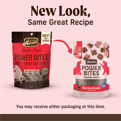 Merrick Power Bites lado posterior con información nutricional para razas adultas.