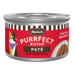 Merrick Purrfect Bistro: lata de pate carne, sabor natural para gatos activos.