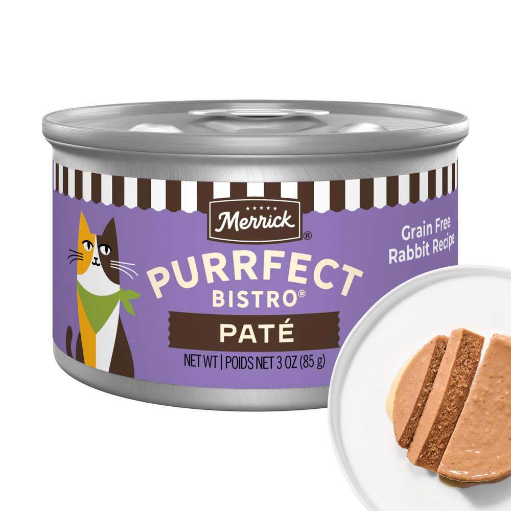 Merrick Purrfect Bistro paté de conejo, lata de 3 onzas, apoyo a músculos fuertes.