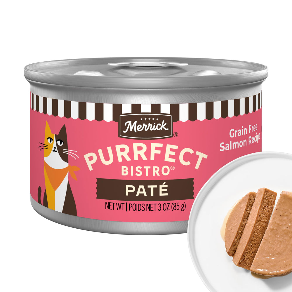 Merrick Purrfect Bistro paté de salmón en lata, sabor premium para gatos adultos.