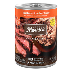 Merrick Cena de Res de Texas real en lata de 12 onzas con carne real como primer ingrediente.
