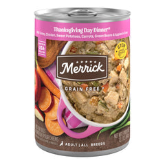 Merrick sin granos, lata abierta, lista para servir comida húmeda sabrosa para perros.