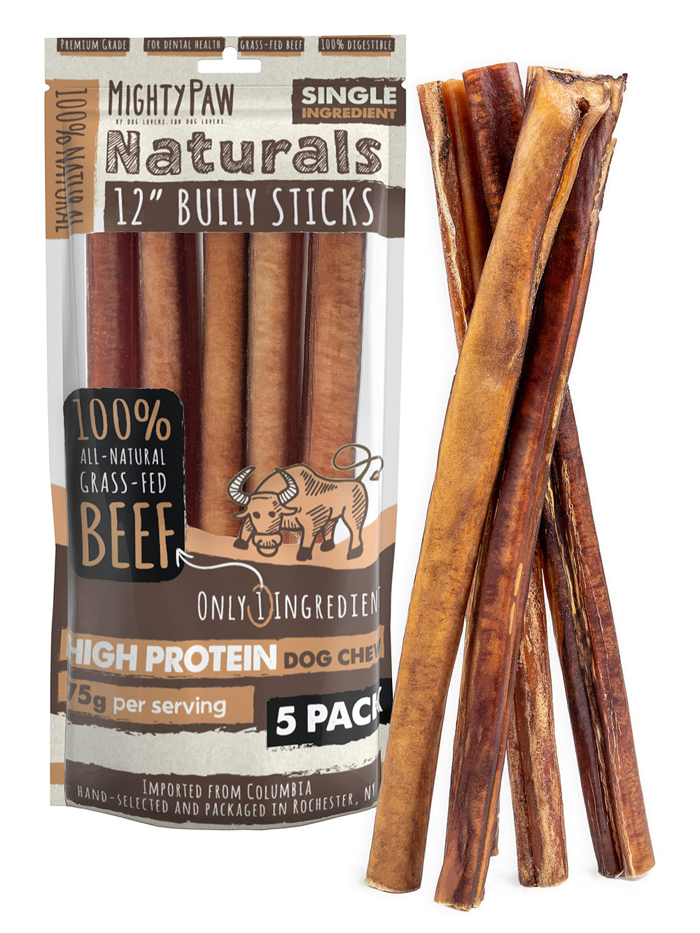 Mighty Paw Naturals, huelas bully ternera 12 pulgadas, masticables y duraderos