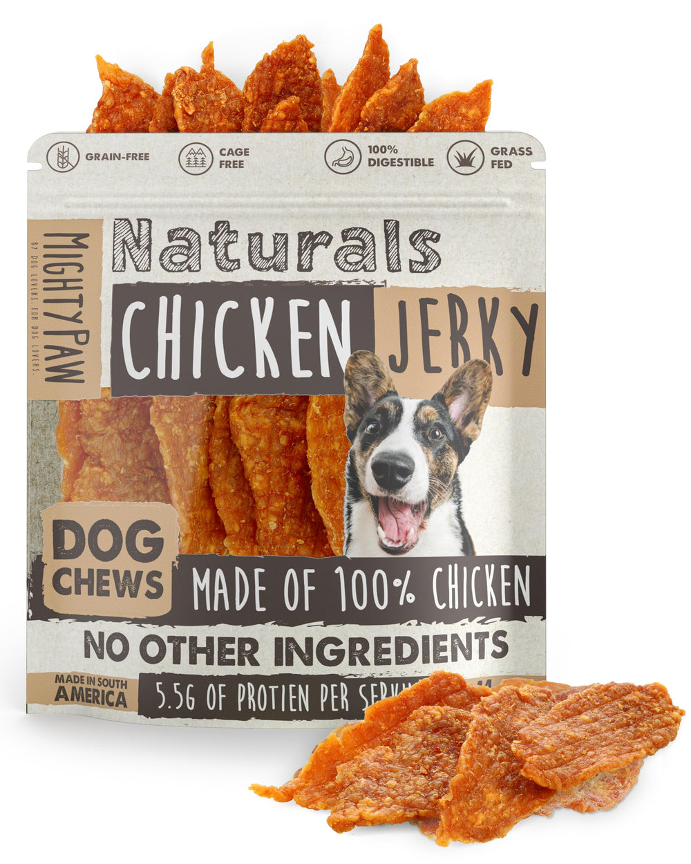 Mighty Paw Naturals tiras de pollo para perros, snack natural para perros activos