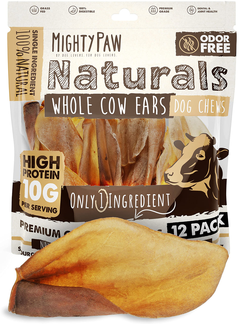 Mighty Paw orejas de vaca natural para perros, snack proteico para todas las tallas.
