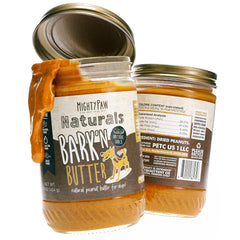 Mighty Paw Bark'n Butter frasco frontal, mantequilla de maní natural para perros.