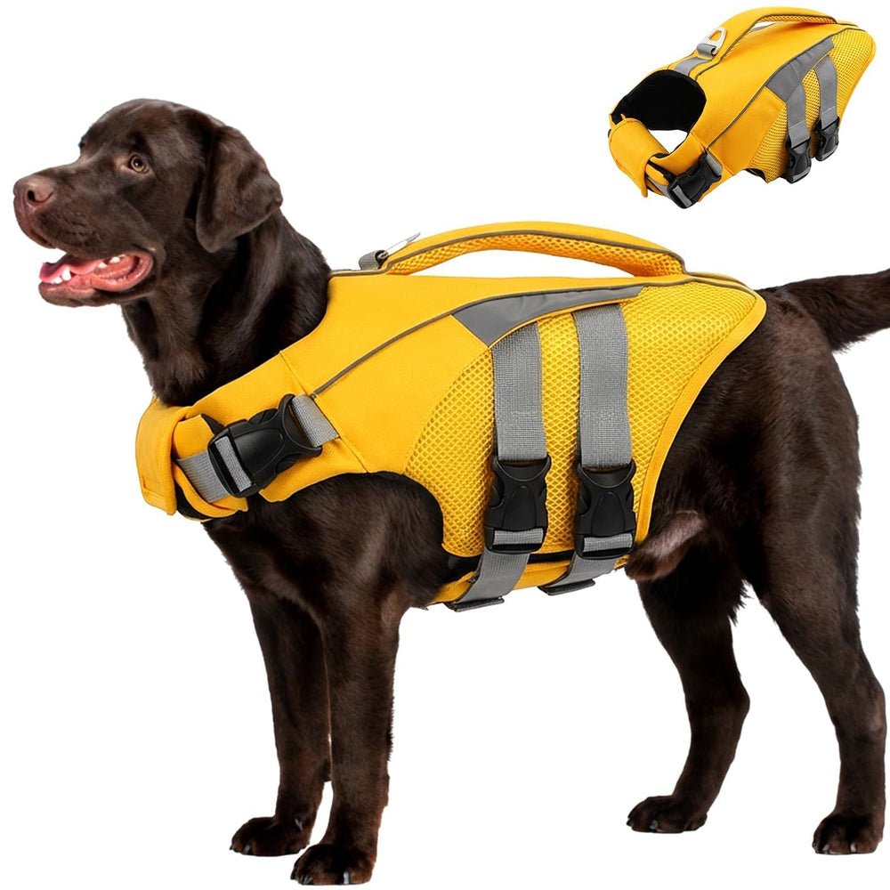 Chaleco salvavidas MIGOHI visto frontal con flotación estable para perros.