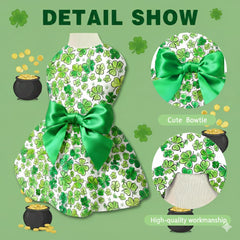 Vestido Miiemiu para perro con trébol impreso y lazo satén verde, cómodo para sesiones festivas.