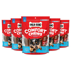 Milk-Bone Comfort Premios: textura masticable a la vista en empaque, ideal para recompensa diaria.