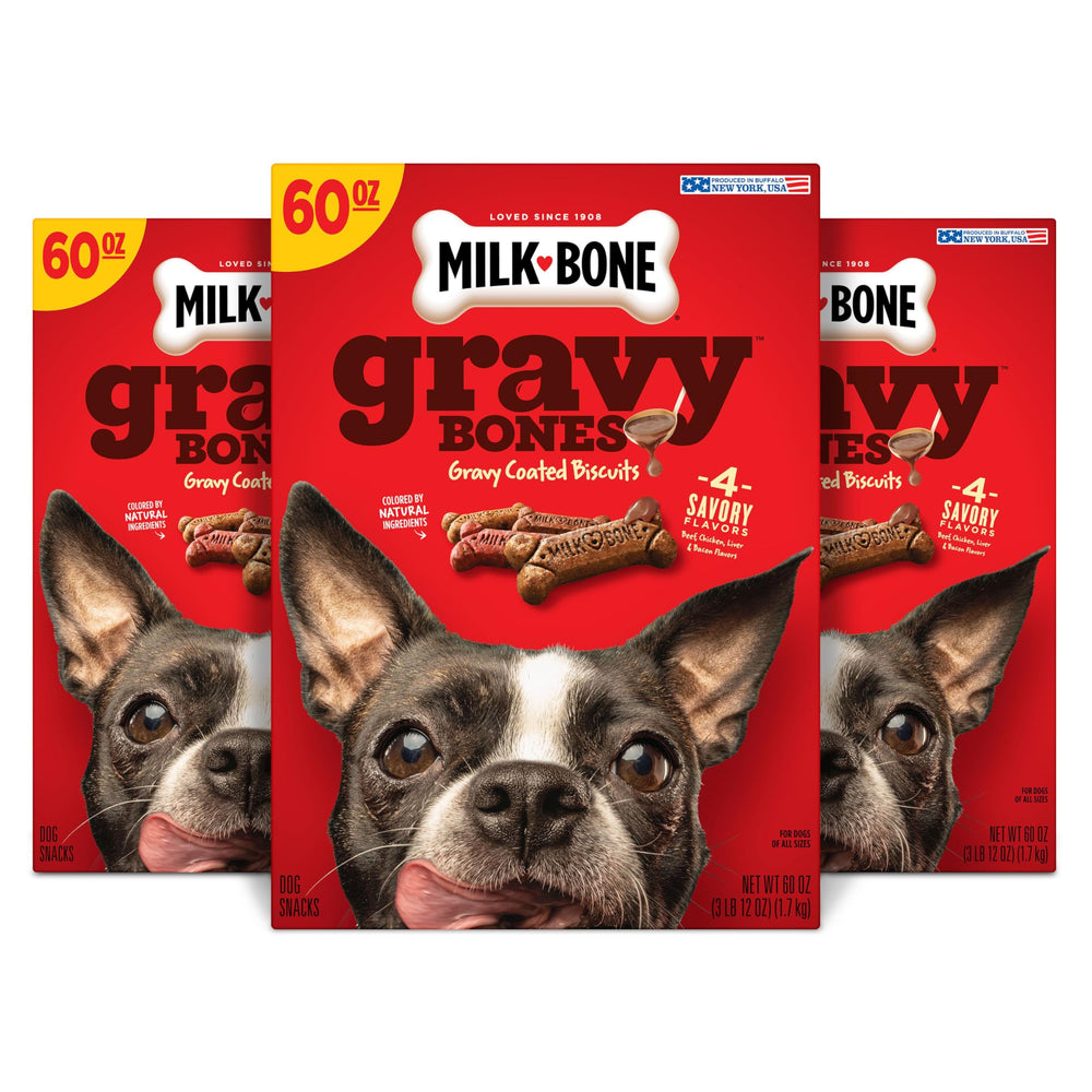 Milk-Bone GravyBones, tres cajas visibles, recompensa para perros.