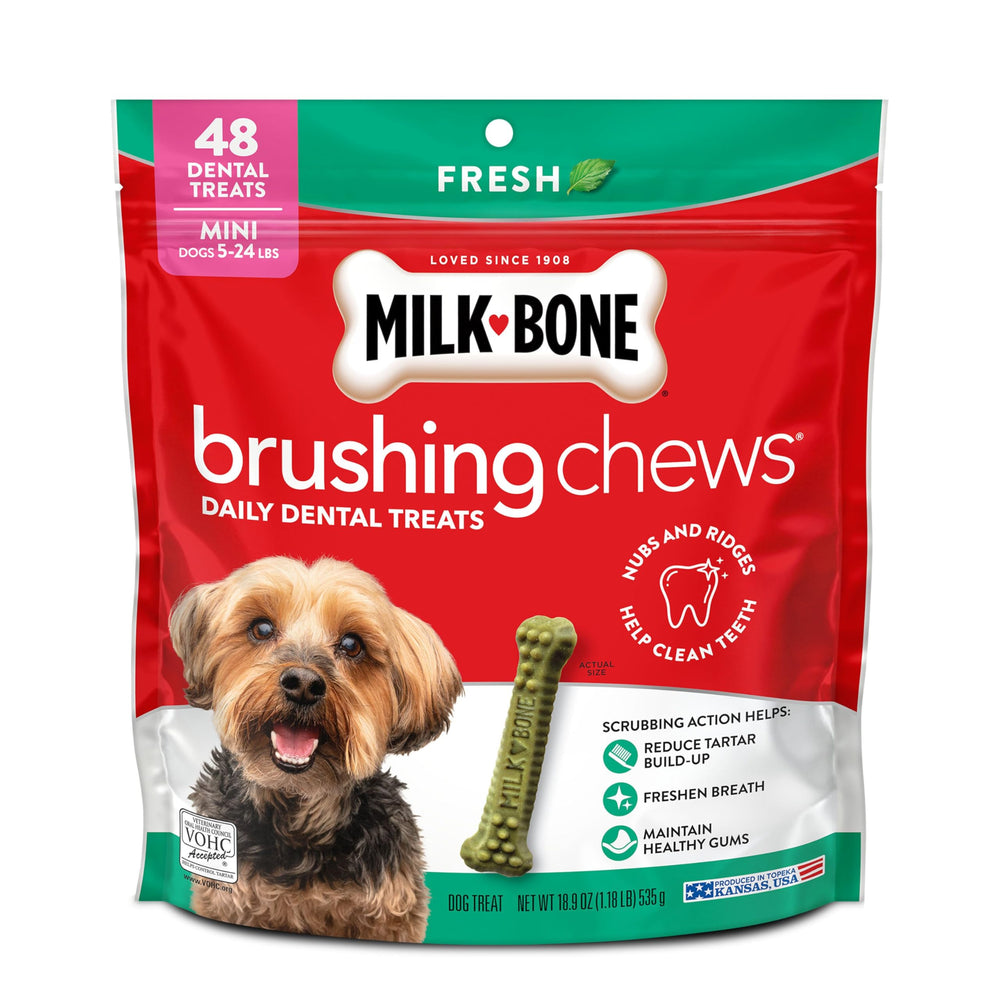 Milk-Bone masticables dentales mini con frescura de menta para limpieza diaria.