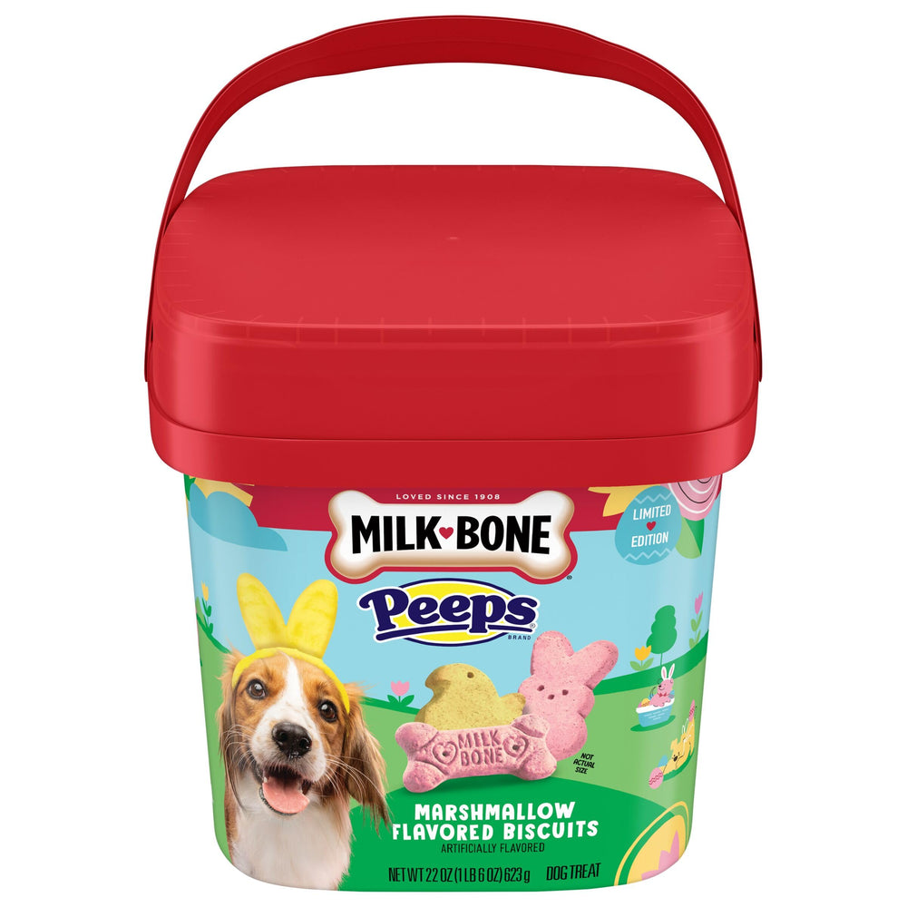 Milk-Bone PEEPS: cubeta de 22 oz con galletas para perros de colores festivos.