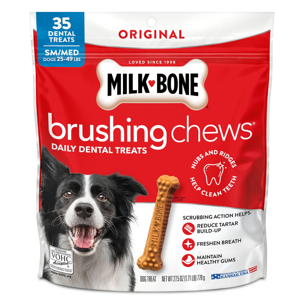 Milk-Bone Golosinas Cepillantes Original Pollo, empaque de 27,5 oz, ayuda a refrescar el aliento.