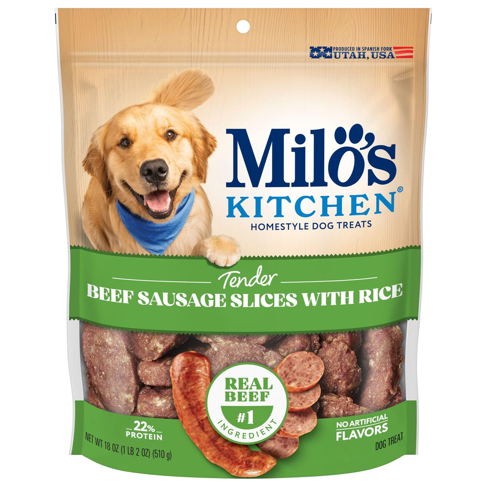 Milo's Kitchen: bolsa de 18oz con salchichas de res con arroz, snack sabroso para perros.