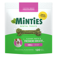 Minties: paquete de huesos dentales para perros pequeños, ideal para iniciar la higiene bucal.