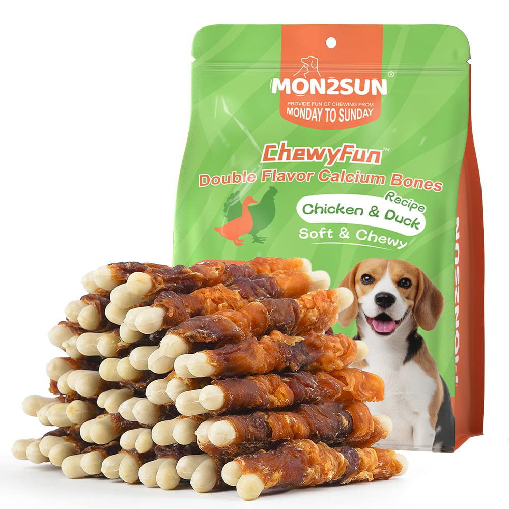 MON2SUN Huesos calcio envueltos doble sabor, 4 pulgadas, ideal para limpieza dental durante la masticación.