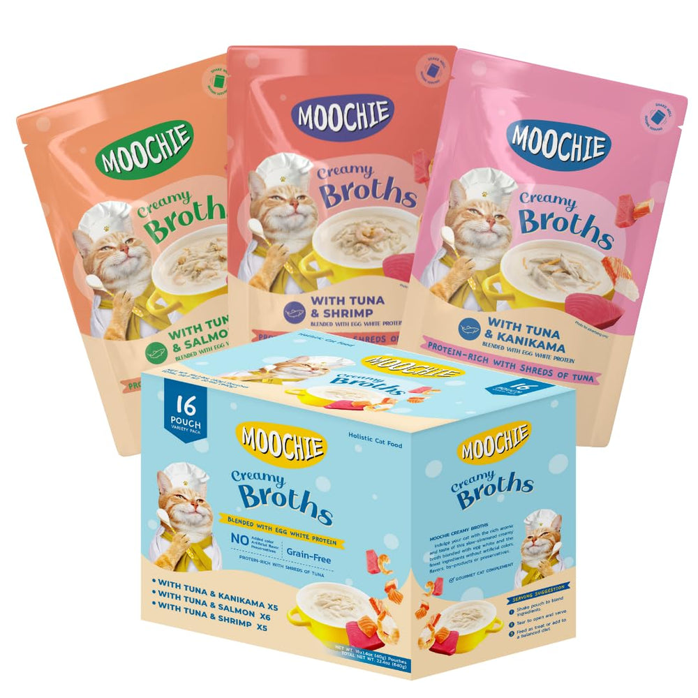 MOOCHIE caldo cremoso de salmón para gatos, ideal para hidratar