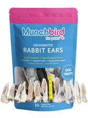 Munchbird orejas de conejo deshidratadas para perros, textura crujiente y proteína alta.