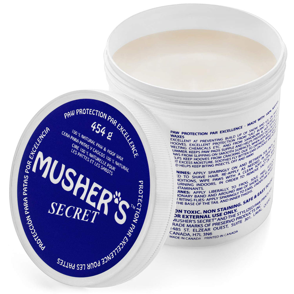 Bálsamo Musher's Secret para patas, protección contra sequedad en hielo.