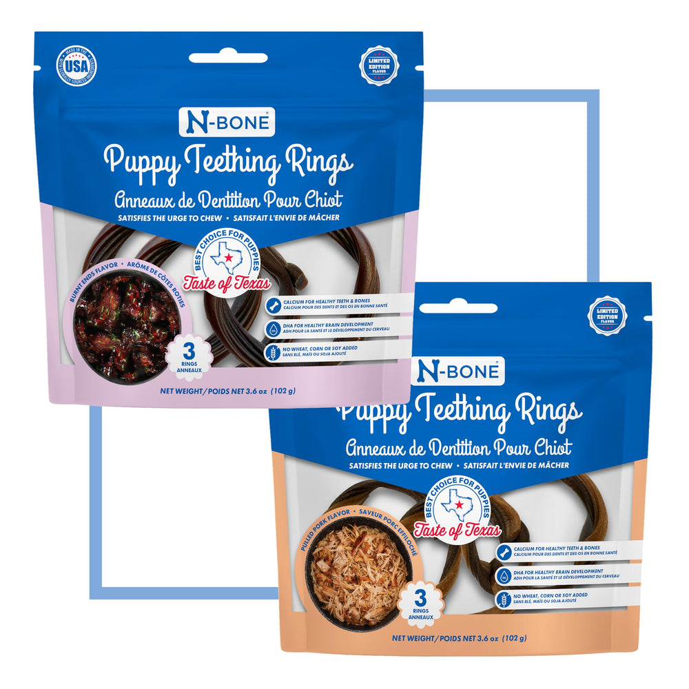N-Bone Puppy Teething Rings Barbacoa Texana: sabor costillas caramelizadas para morder con seguridad.