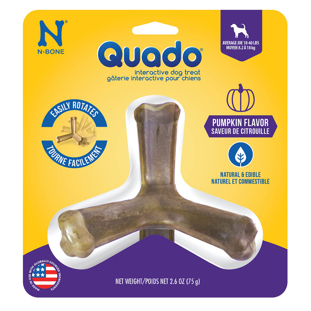N-Bone Quado Interactive Chew, vista frontal, sabor a calabaza para perro.