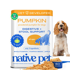 Native Pet calabaza orgánica para perros en envase, favorece digestión suave.