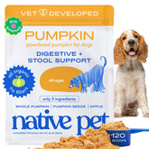 Native Pet calabaza para perros, polvo para espolvorear sobre croquetas, favorece heces más firmes.