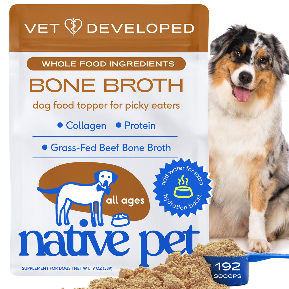 Native Pet Caldo Hueso en bote, sabor irresistible para perros y gatos.