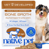 Native Pet Caldo Hueso en bote, sabor irresistible para perros y gatos.