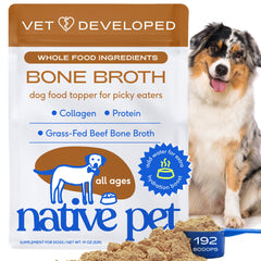 Native Pet Caldo Hueso en bote, sabor irresistible para perros y gatos.