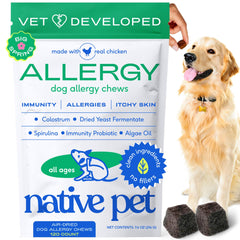 Native Pet Dog Allergy Chews empaque visible, fácil de abrir para el día a día del perro.