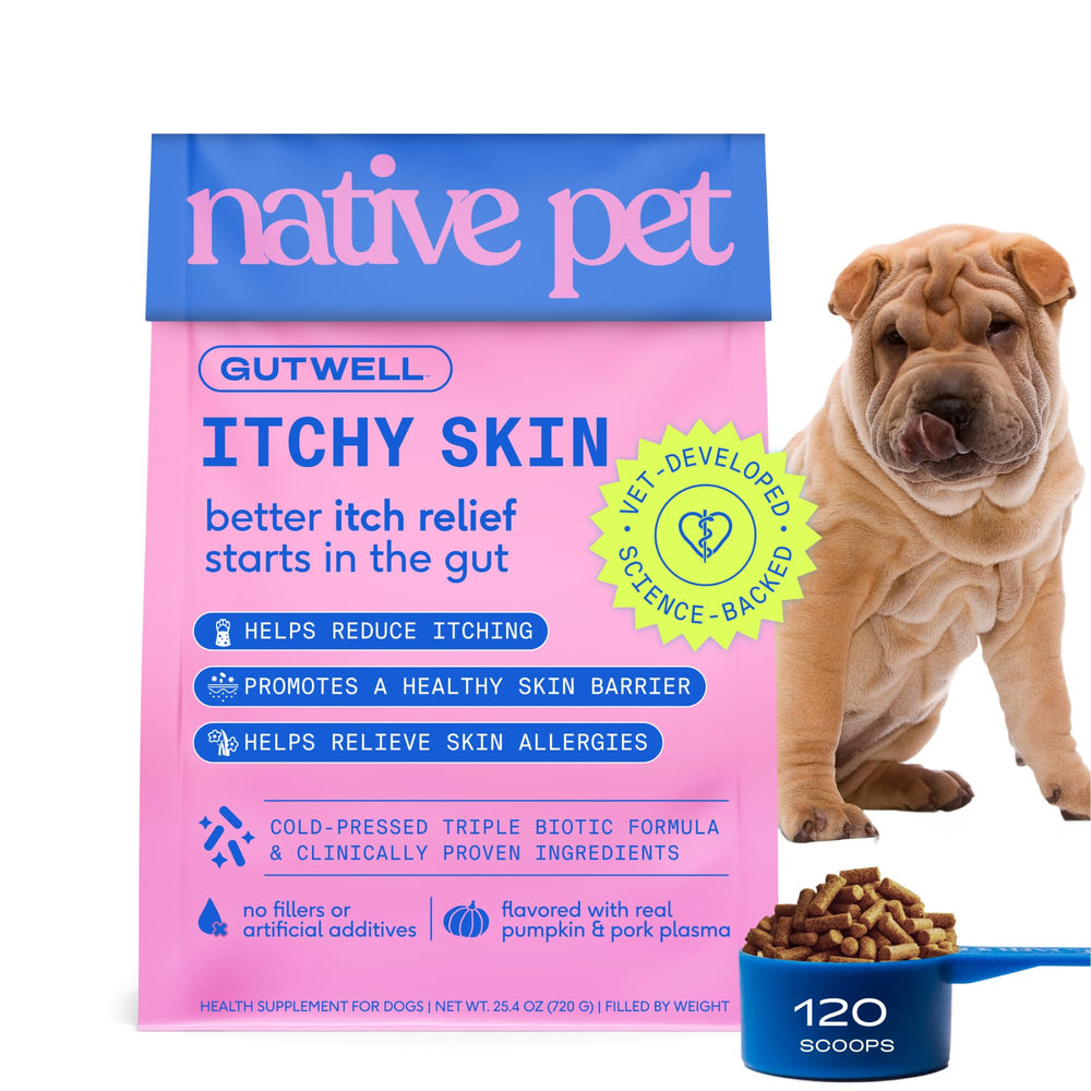 Native Pet GutWell bolitas-pellets para apoyo de la piel y alivio de comezón.