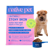 Native Pet GutWell bolitas-pellets para apoyo de la piel y alivio de comezón.