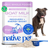 Native Pet leche de cabra en polvo en bote para perros activos.