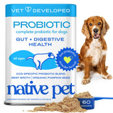 Native Pet Probiotics para perros, polvo en tazón, posible apoyo a la digestión diaria.