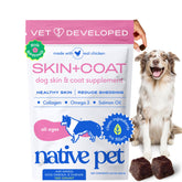 Native Pet Skin & Coat Chews: paquete mostrando bocados para piel sana y pelaje brillante.