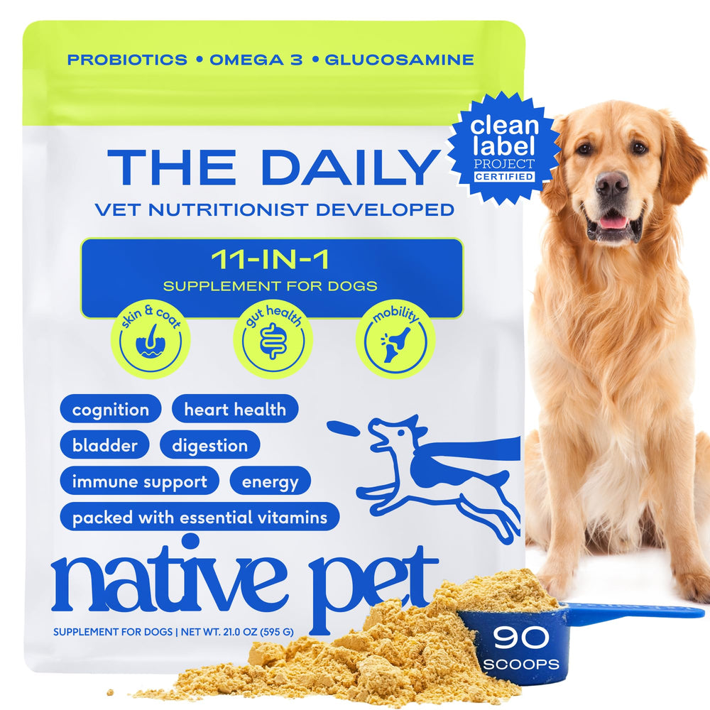 Native Pet The Daily Dog Vitamins 11-en-1 tarro, apoyo diario para perros.