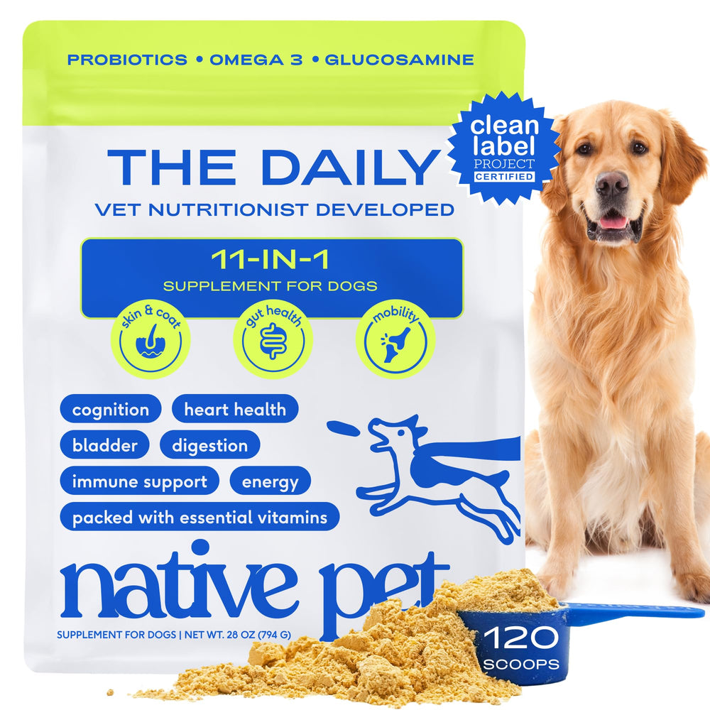 Native Pet vitaminas diarias para perros en bote, apoyo constante.