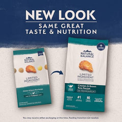 Natural Balance croquetas para perros adultos con pollo y arroz para digestión suave.