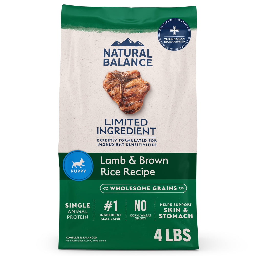 Natural Balance croquetas cordero-arroz, ideal para cachorros con digestión suave.