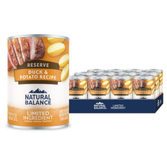 Natural Balance: lata pato y patata en primer plano, proteína única para perros.
