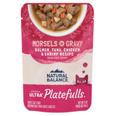Natural Balance Platefulls para gatos de interior, empaque práctico para porciones diarias.